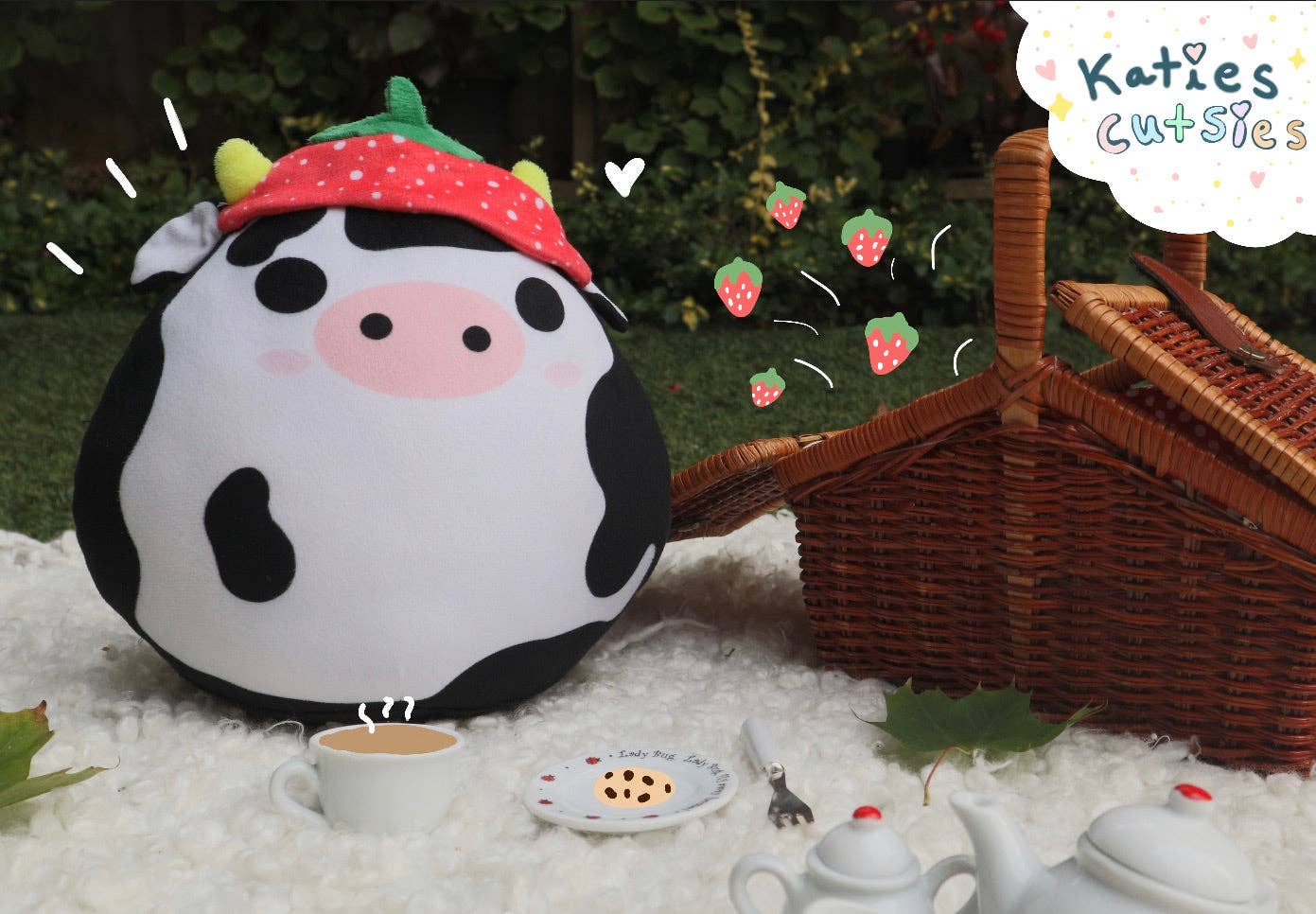 Plushie Cow with Strawberry Hat
