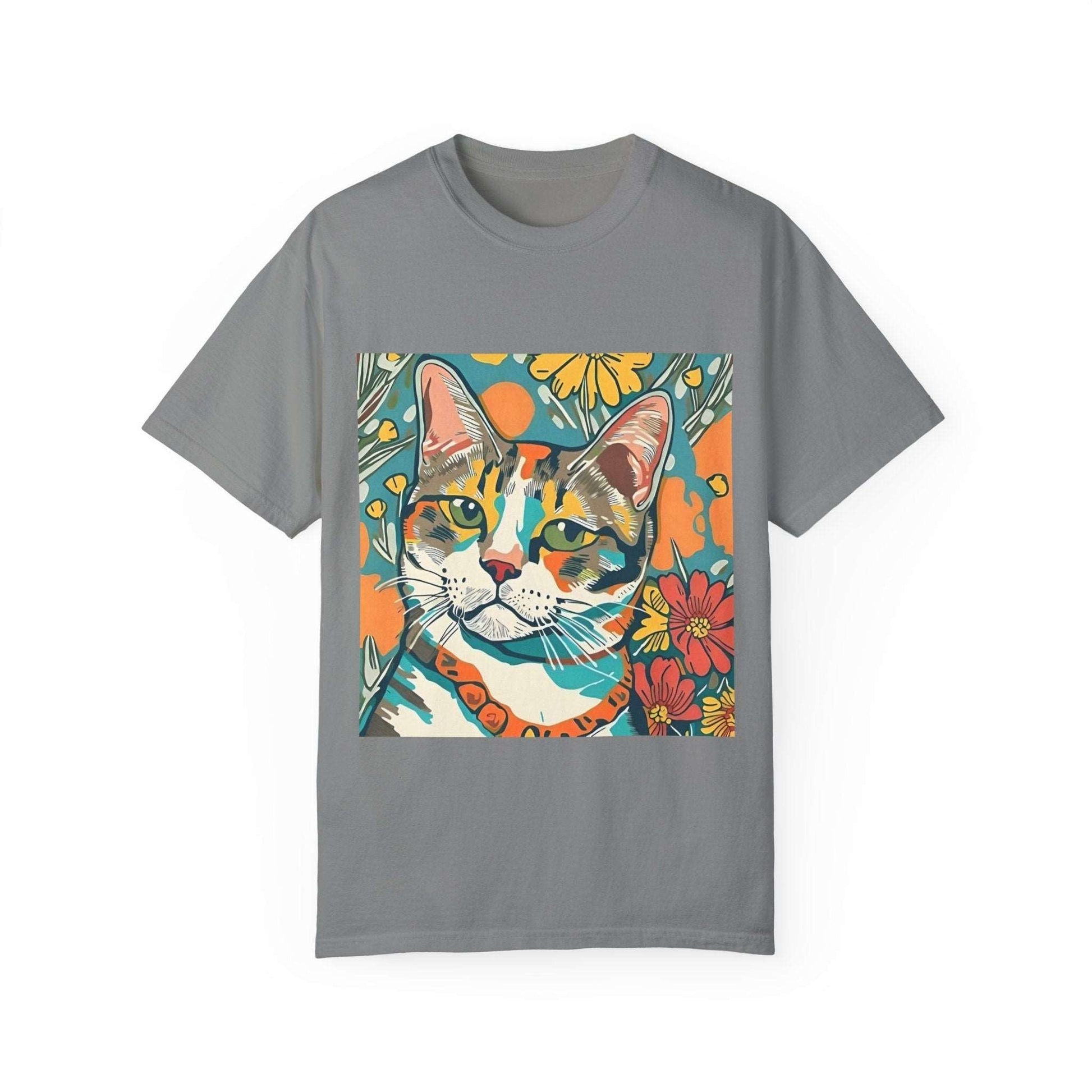 Floral Cat Unisex T - shirt, quirky, bold, bright, botanical cat design - RainyDayReader