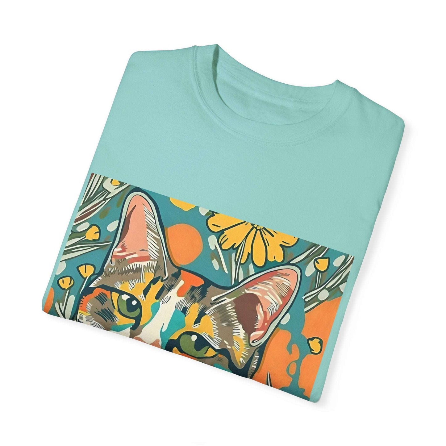 Floral Cat Unisex T - shirt, quirky, bold, bright, botanical cat design - RainyDayReader