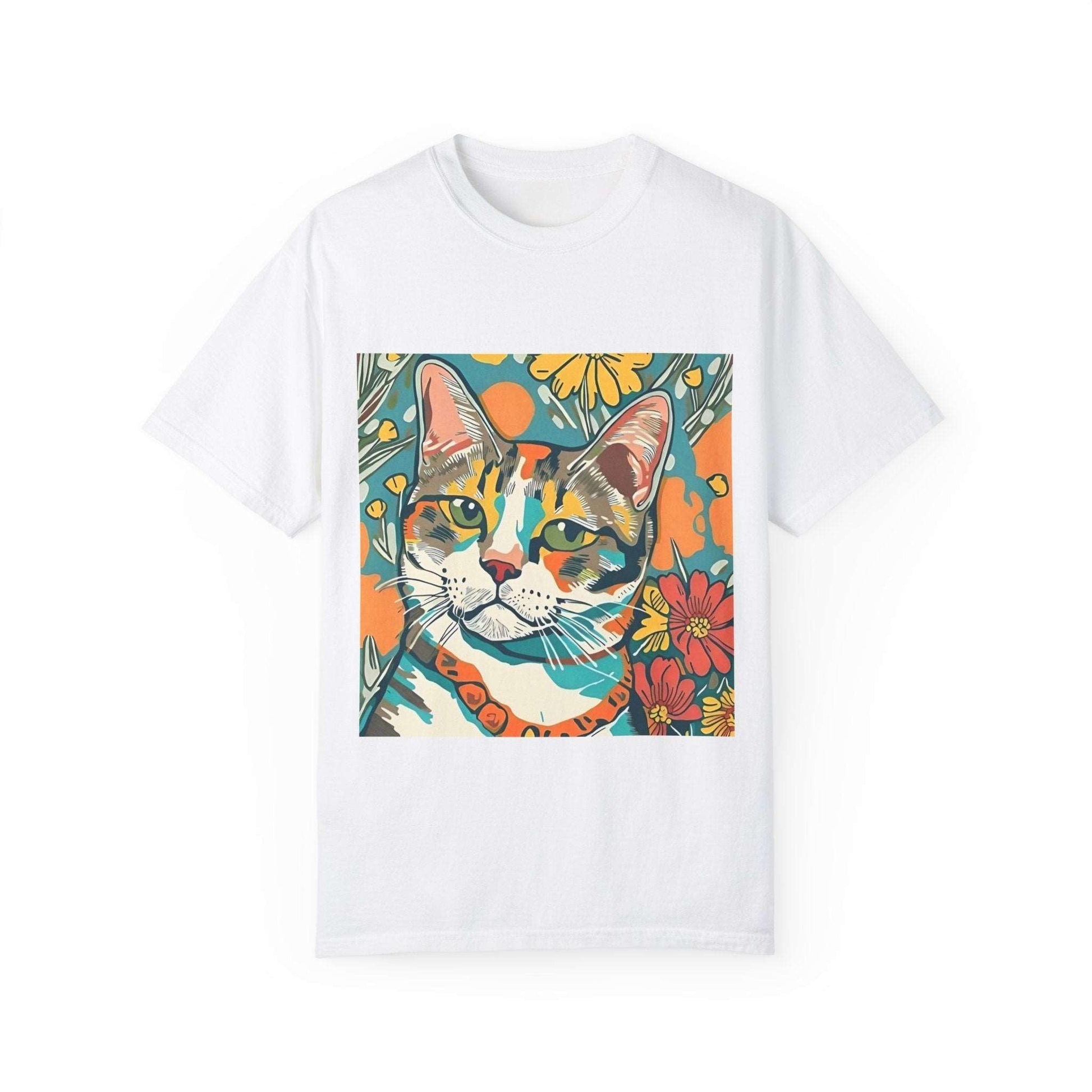 Floral Cat Unisex T - shirt, quirky, bold, bright, botanical cat design - RainyDayReader