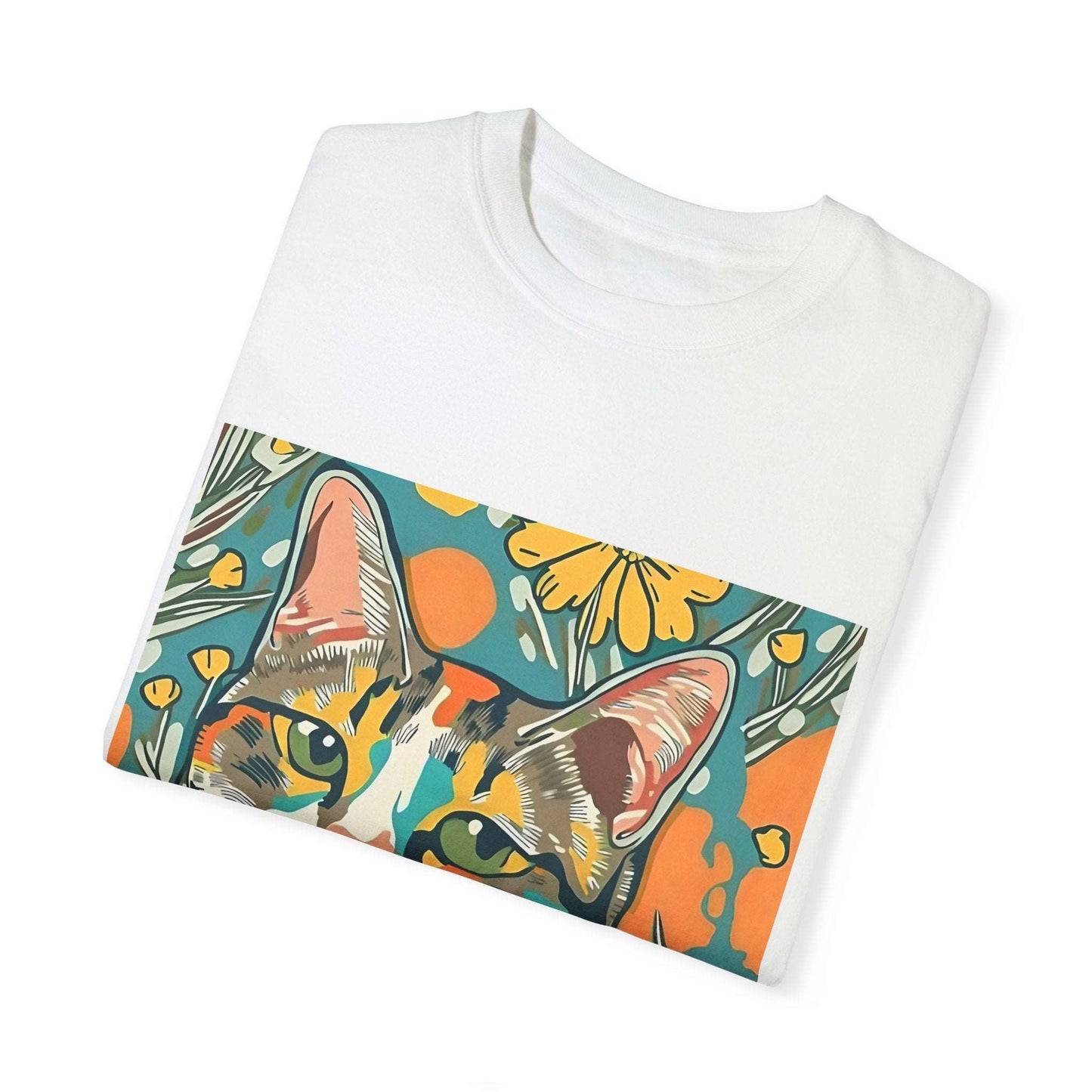 Floral Cat Unisex T - shirt, quirky, bold, bright, botanical cat design - RainyDayReader