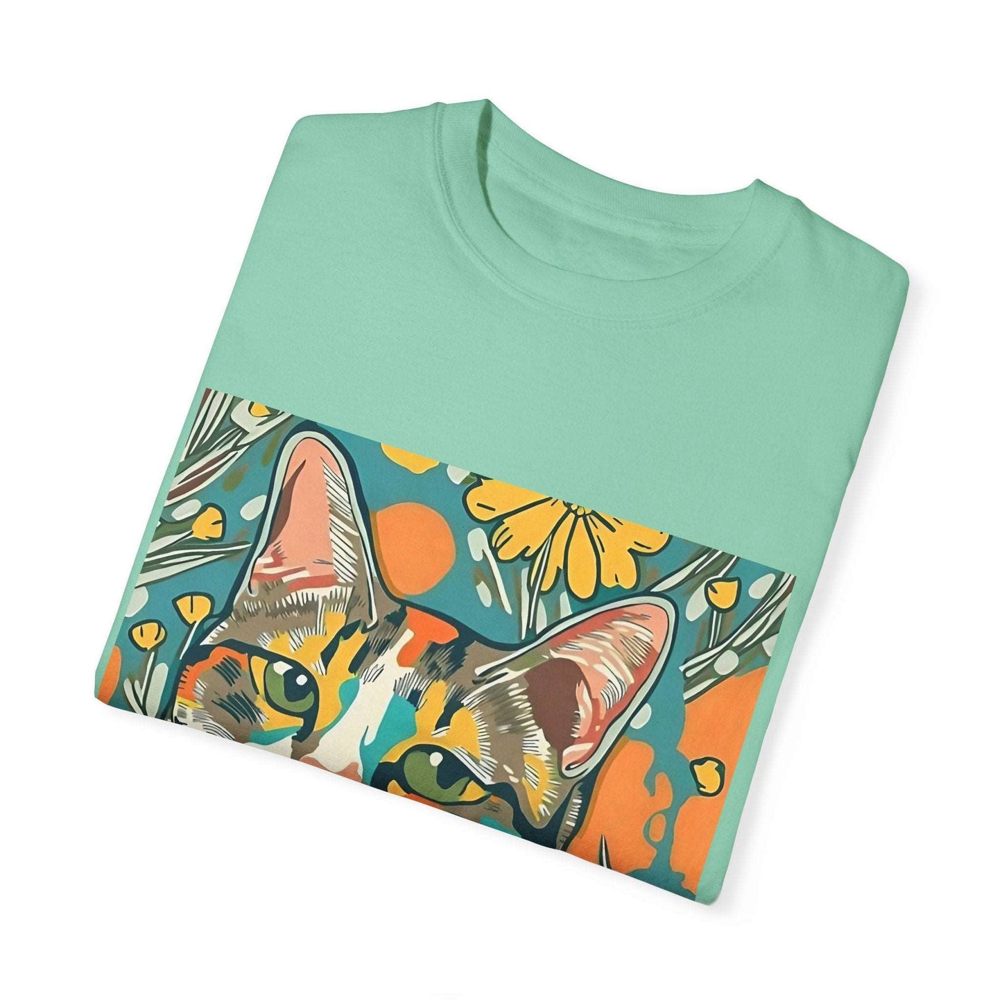 Floral Cat Unisex T - shirt, quirky, bold, bright, botanical cat design - RainyDayReader