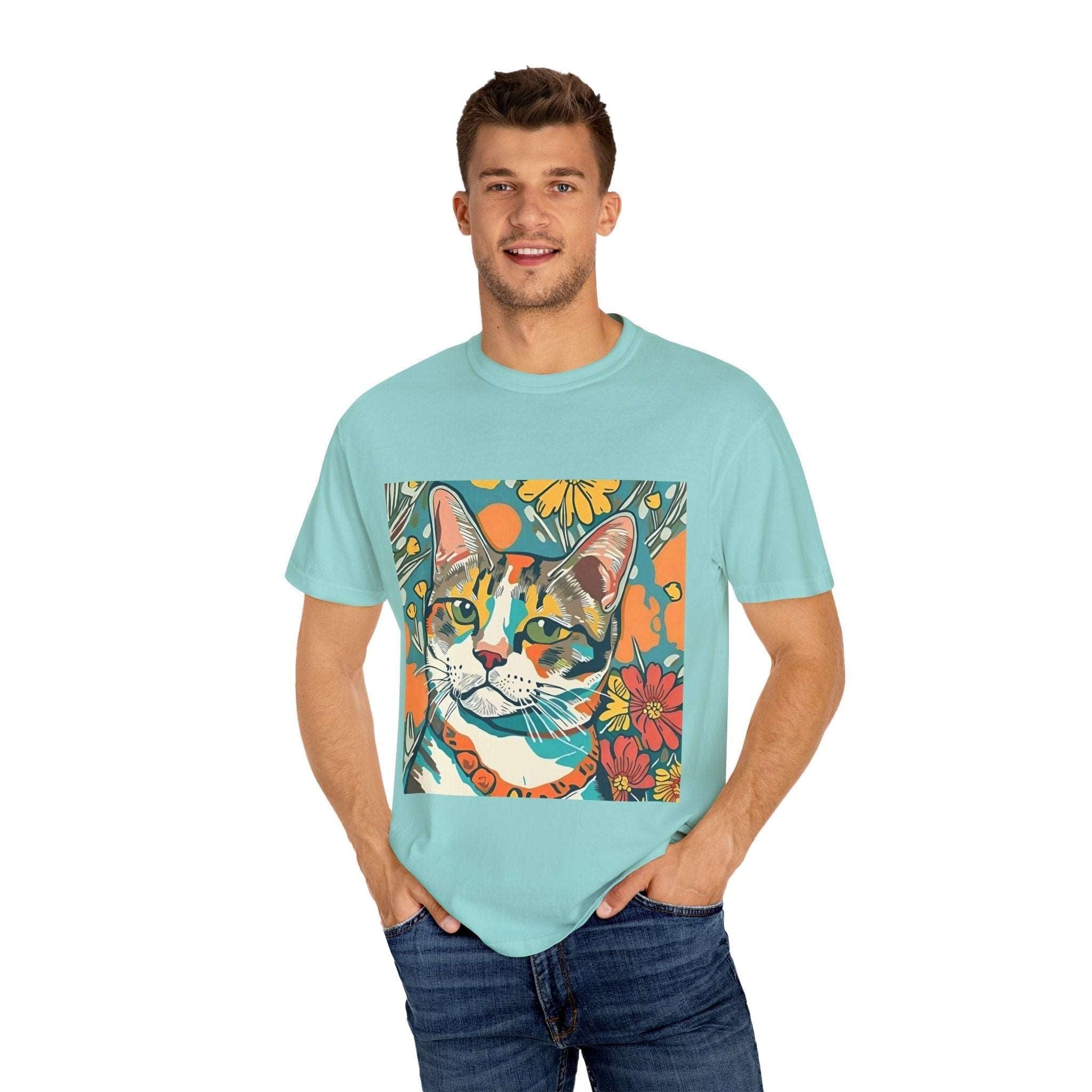 Floral Cat Unisex T - shirt, quirky, bold, bright, botanical cat design - RainyDayReader