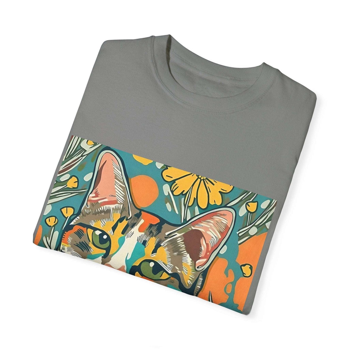 Floral Cat Unisex T - shirt, quirky, bold, bright, botanical cat design - RainyDayReader