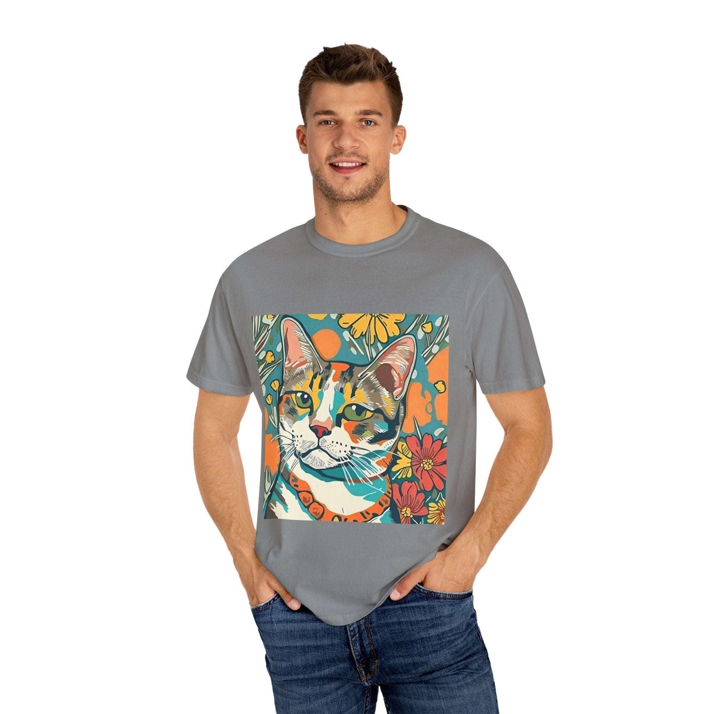 Floral Cat Unisex T - shirt, quirky, bold, bright, botanical cat design - RainyDayReader