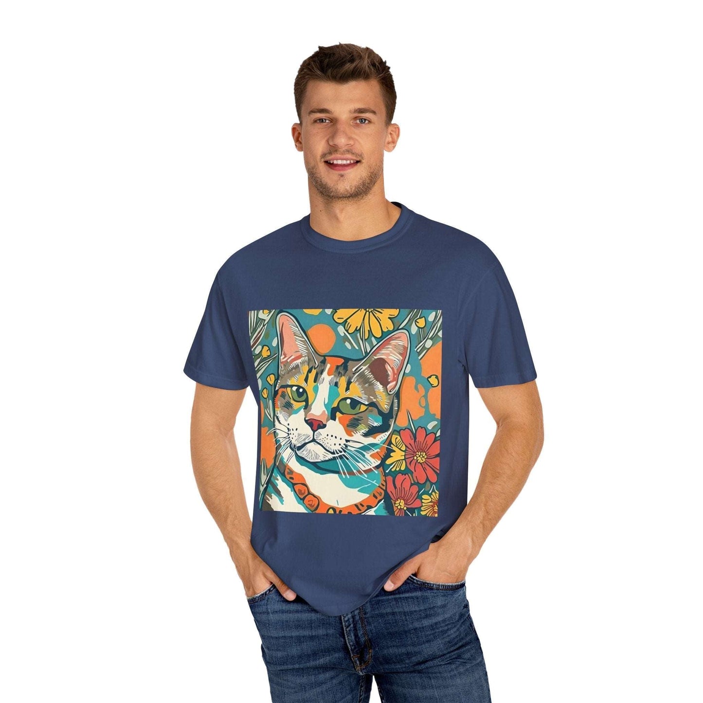 Floral Cat Unisex T - shirt, quirky, bold, bright, botanical cat design - RainyDayReader