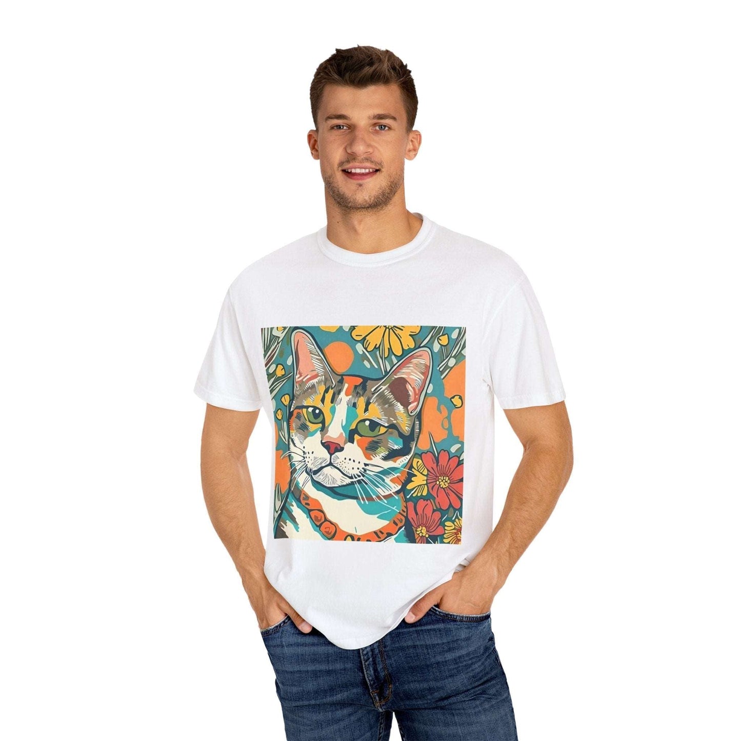 Floral Cat Unisex T - shirt, quirky, bold, bright, botanical cat design - RainyDayReader